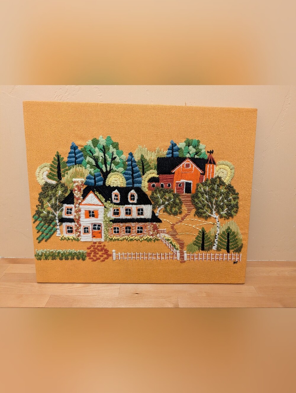 Vintage Crewel Embroidery Farmhouse Barn Country Scene